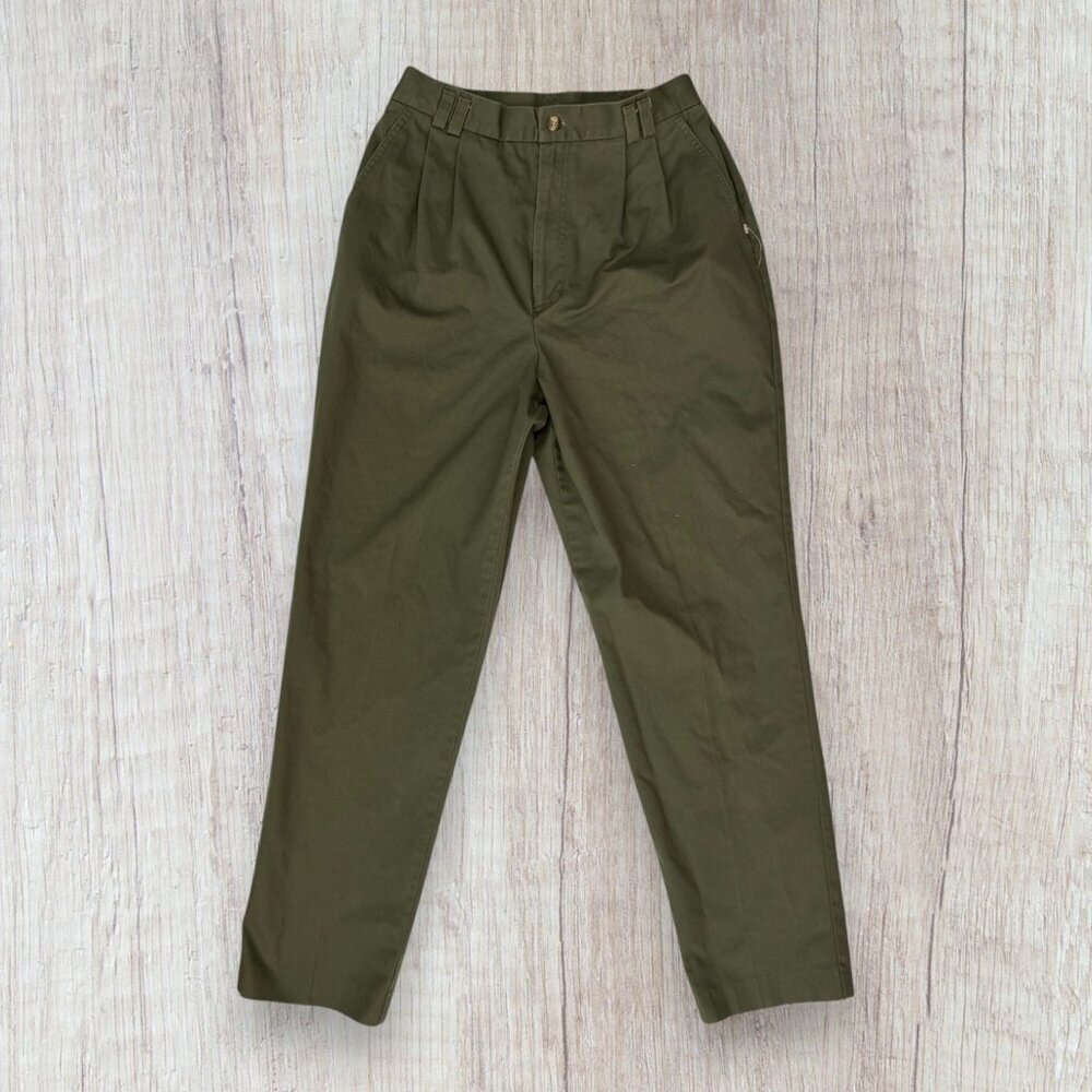Vtg High-Waist Olive Army Green Chino Pleated Pants Womens 10 / 28 Waist EHL